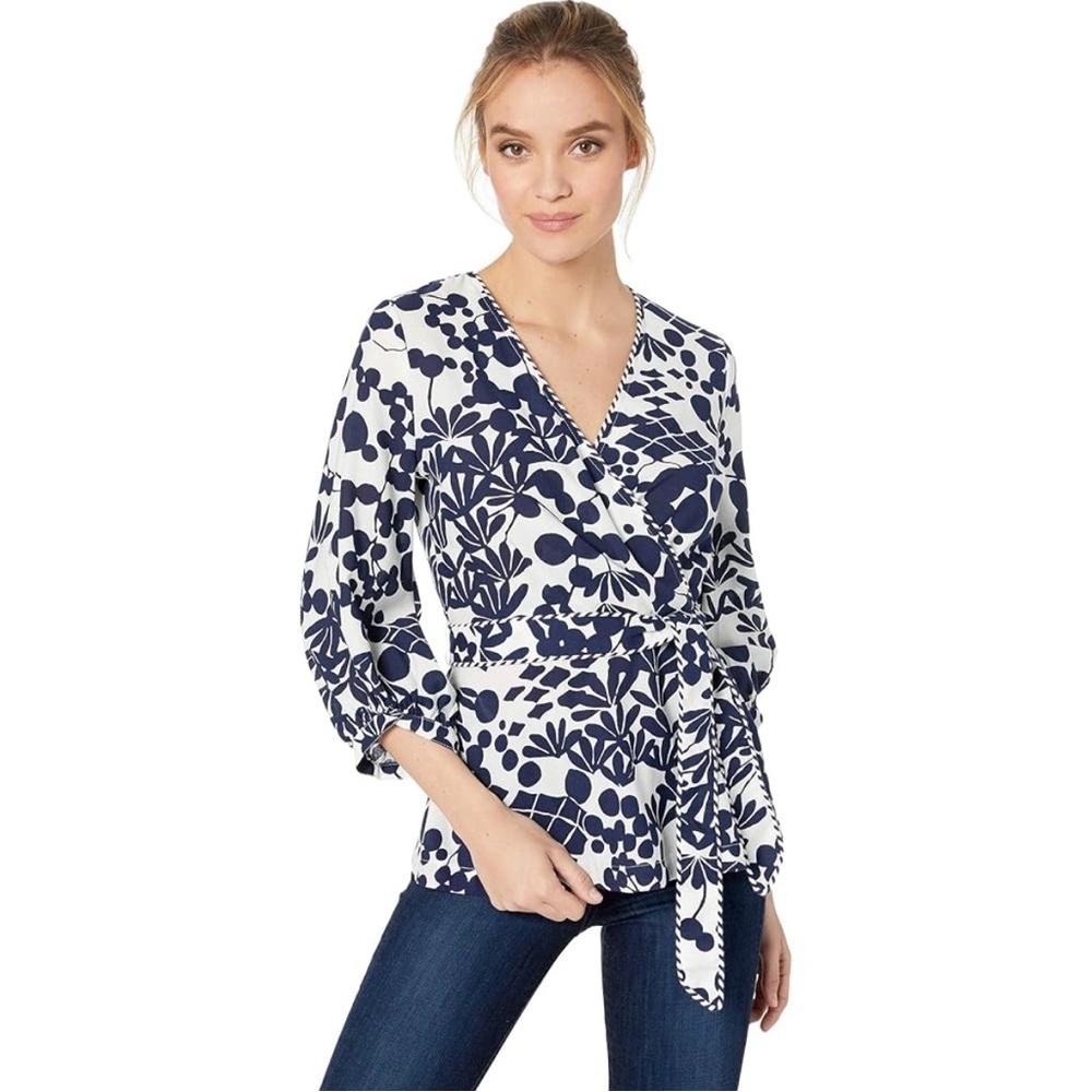Trina Turk Intermissikn Top Navy Blue & White Patterned Women's Top Size XS